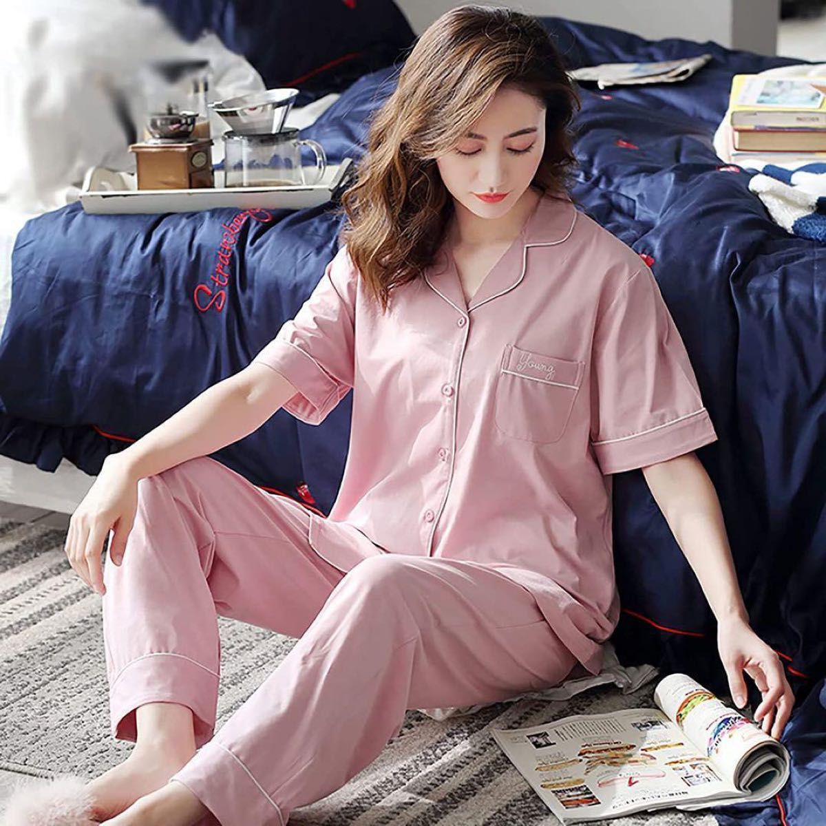 【新品未使用】綿100% レディース パジャマ ルームウェア ピンク サイズ 半袖 長ズボン コットン100