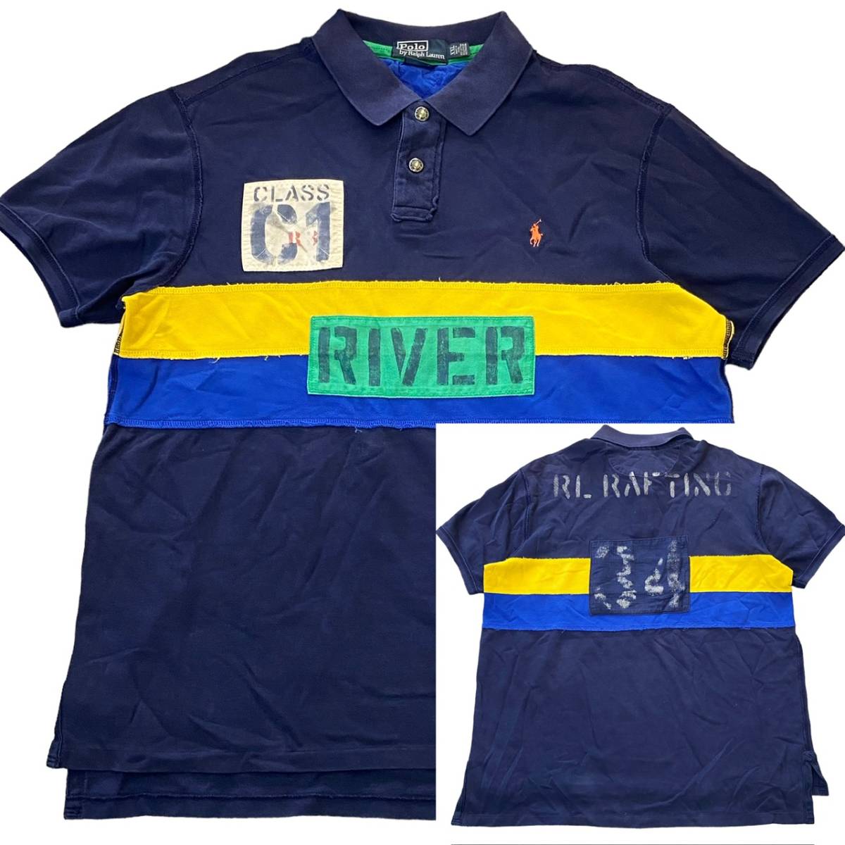90s Polo Ralph Lauren ポロシャツ XXL ネイビー RL RAFTING ナンバリング RIVER ロゴ 刺繍 半袖 ラガーシャツ ポロ ラルフローレン