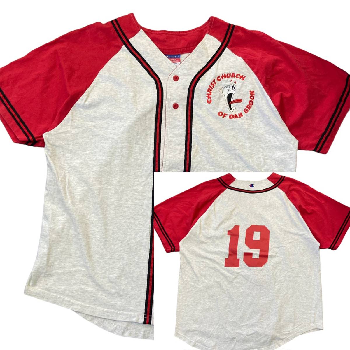 00s Champion ベースボールシャツ XL グレー×レッド チーム 刺繍 ナンバリング 野球 Baseball 半袖 シャツ Tシャツ チャンピオン_画像1