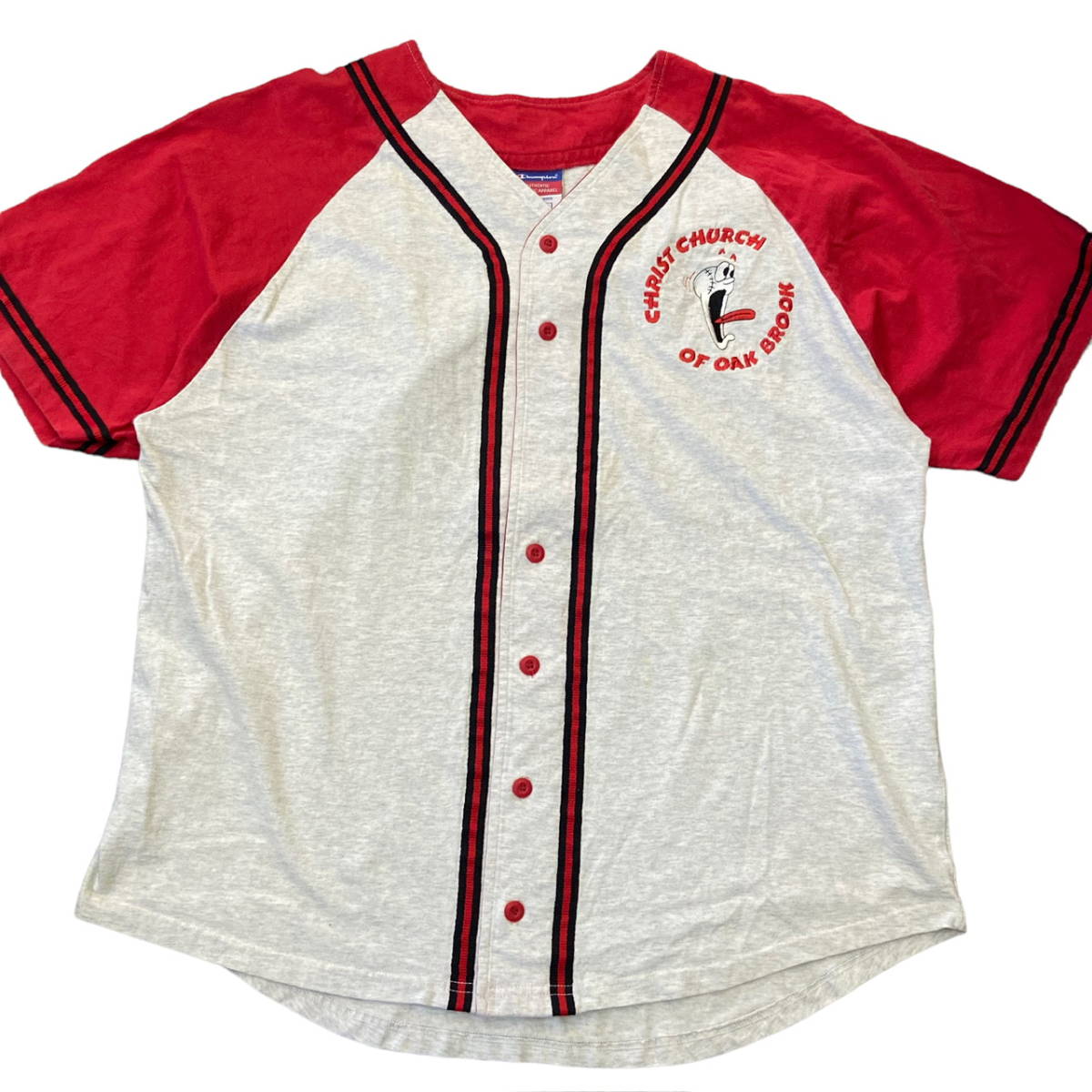 00s Champion ベースボールシャツ XL グレー×レッド チーム 刺繍 ナンバリング 野球 Baseball 半袖 シャツ Tシャツ チャンピオン_画像2