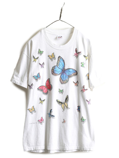 90s USA製 □ 蝶 両面 大判 プリント 半袖 Tシャツ ( メンズ L ) 90