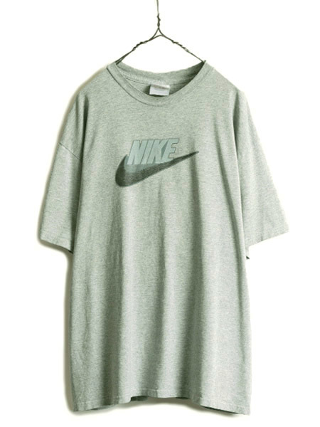 90s ■ ナイキ スウッシュ ロゴ プリント 半袖 Tシャツ メンズ L 古着 90年代 オールド NIKE ビッグシルエット 灰 グレー プリントTシャツ