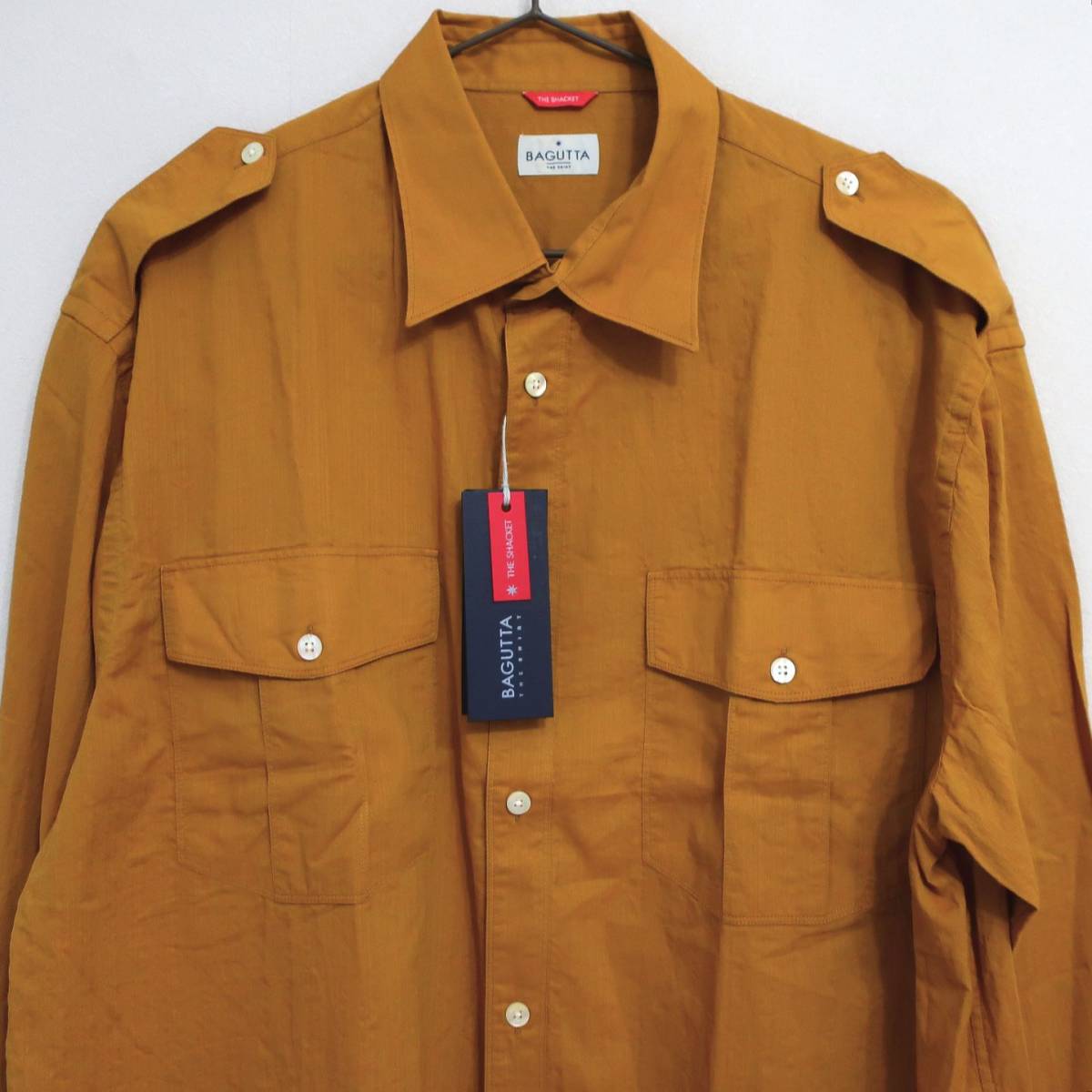 新品 未使用 BAGUTTA バグッタ 高級 メンズ サファリシャツ トレンド 長袖シャツ ブラウン カーキ イエロー ボタン シャツ 40 Lサイズ