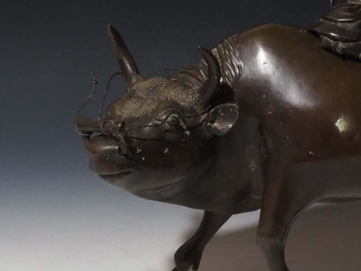 ○古銅【笛吹童子騎牛のったり香炉】骨董品 香爐 高さ26cm 中国唐物