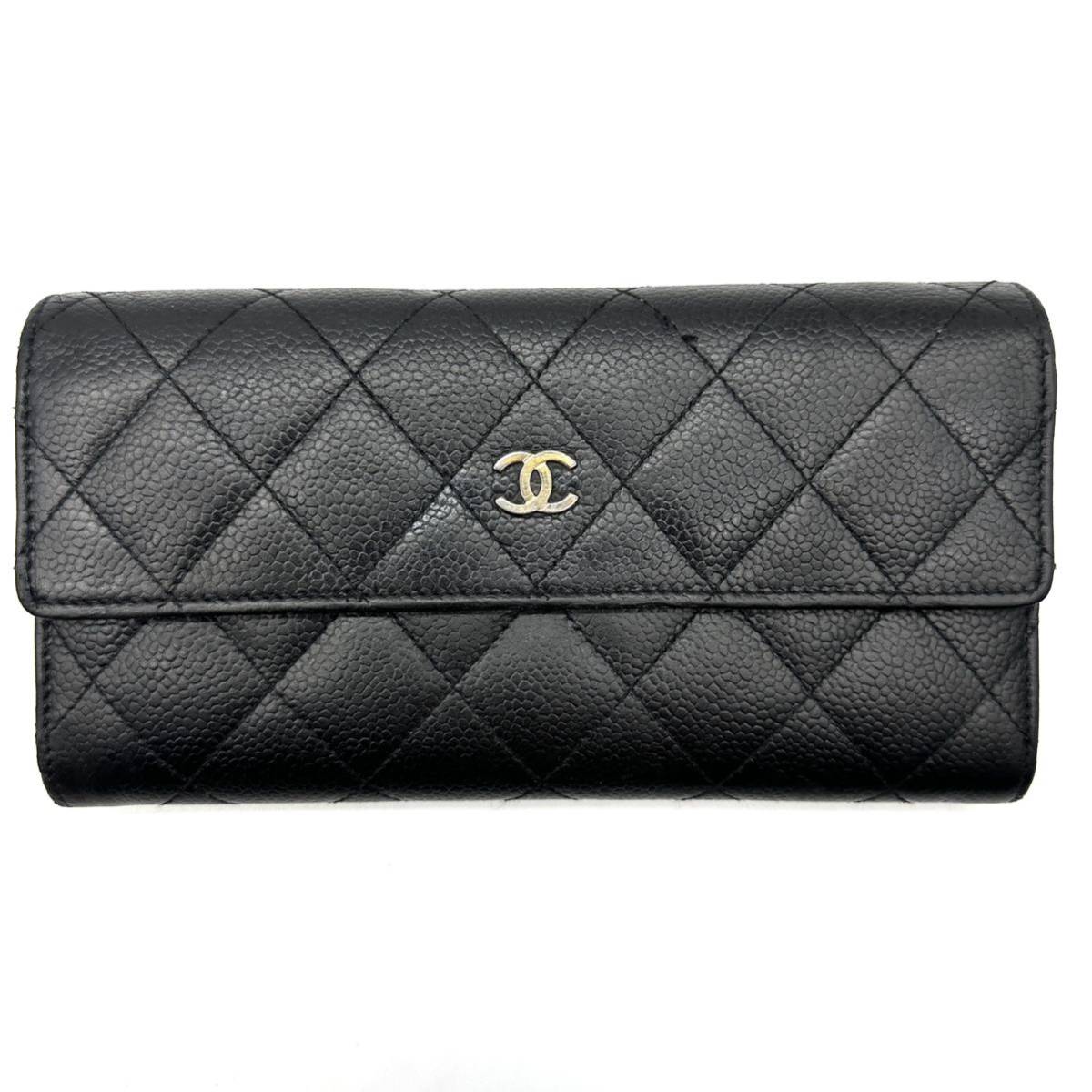 1円《付属品完備》CHANEL シャネル キャビアスキン かぶせ蓋 長財布 ロングウォレット ココマーク レザー 黒 レディース メンズ 箱 カード_画像2