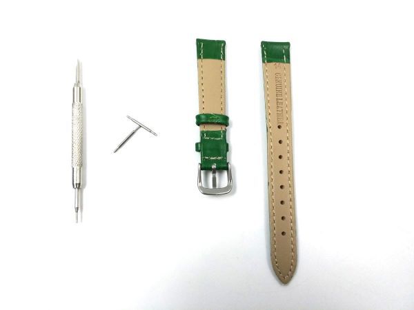 時計交換ベルト クロコ型押し 本革レザー バネ棒 工具付き 14mm グリーン_画像2