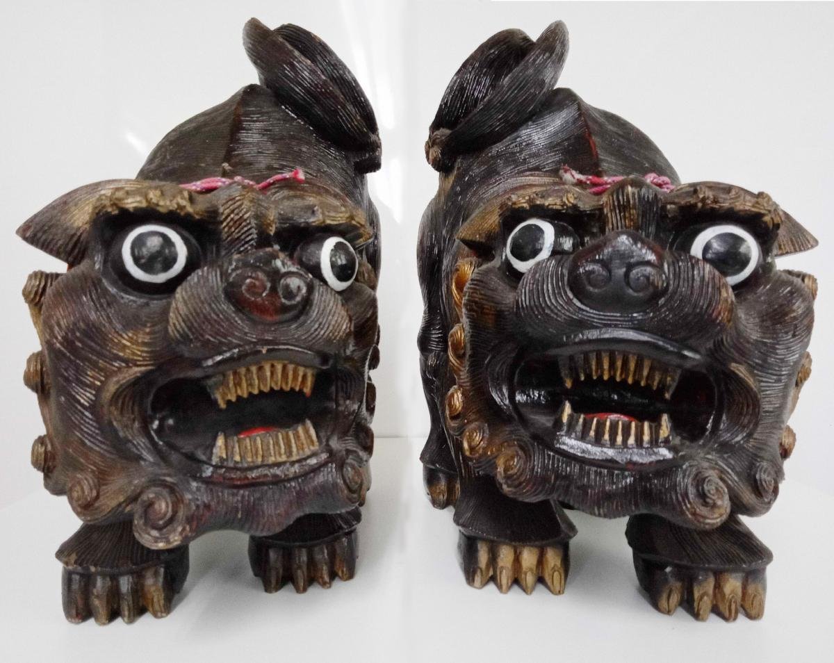 木彫り シーサー 置物 二体一対 高さ45cm 沖縄 琉球 魔除け 縁起物