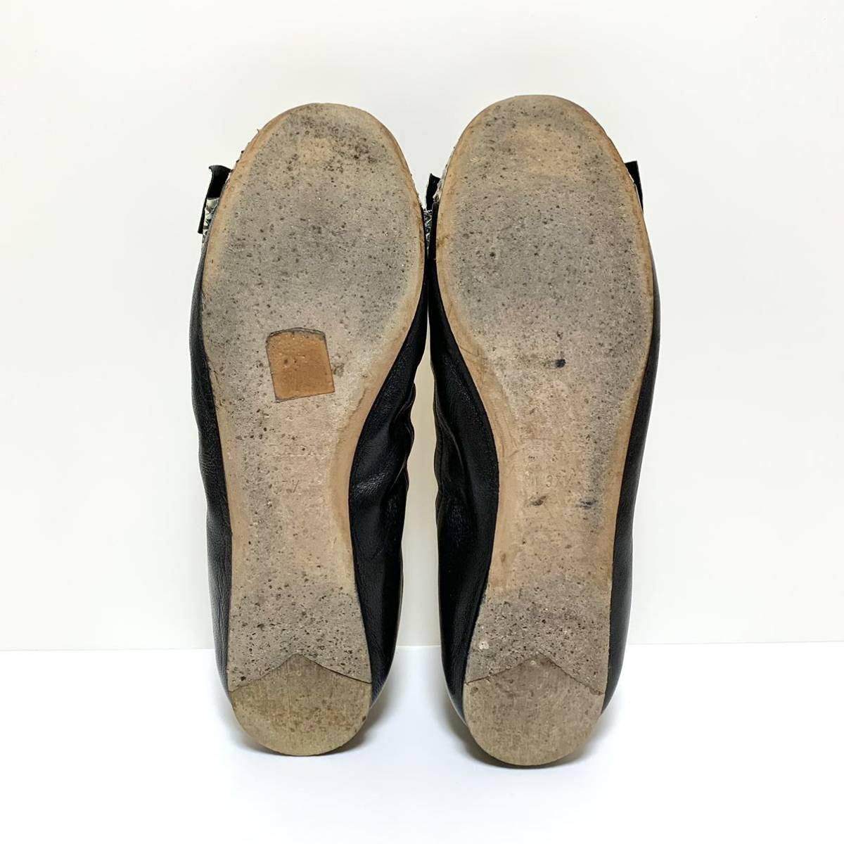 ☆良品 プラダ PRADA パイソン レザー リボン パンプス フラットシューズ 黒 size 37.5 イタリア製 バレエシューズ ぺたんこ靴 スリッポン