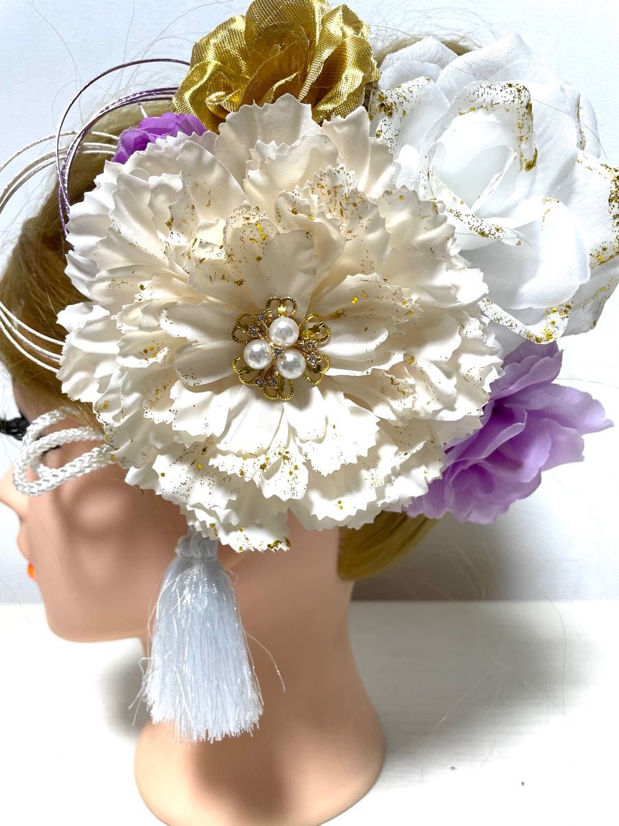 ☆2 髪飾り　白　紫　金　　成人式　結婚式　和装　薔薇　卒業式　袴　振袖