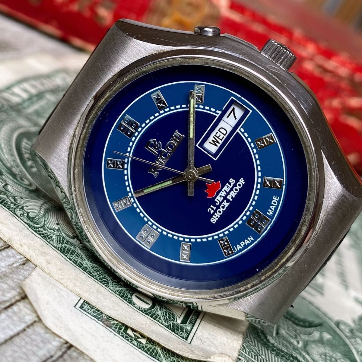【個性的デザイン】★送料無料★ リコー RICOH メンズ腕時計 ブルー 自動巻き ヴィンテージ アンティーク