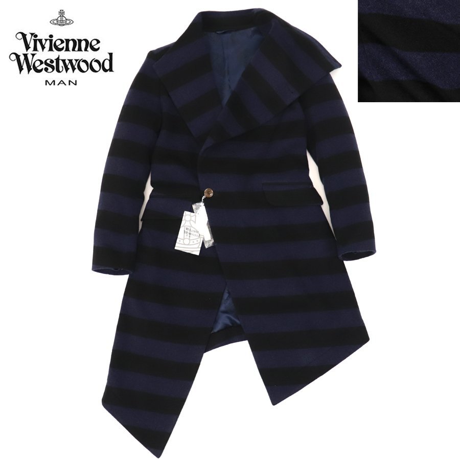 定価10万円 新品タグ付き 日本製 Vivienne Westwood MAN ヴィヴィアン・ウエストウッド・マン フリース 変形コート ボーダー 46 JP:M