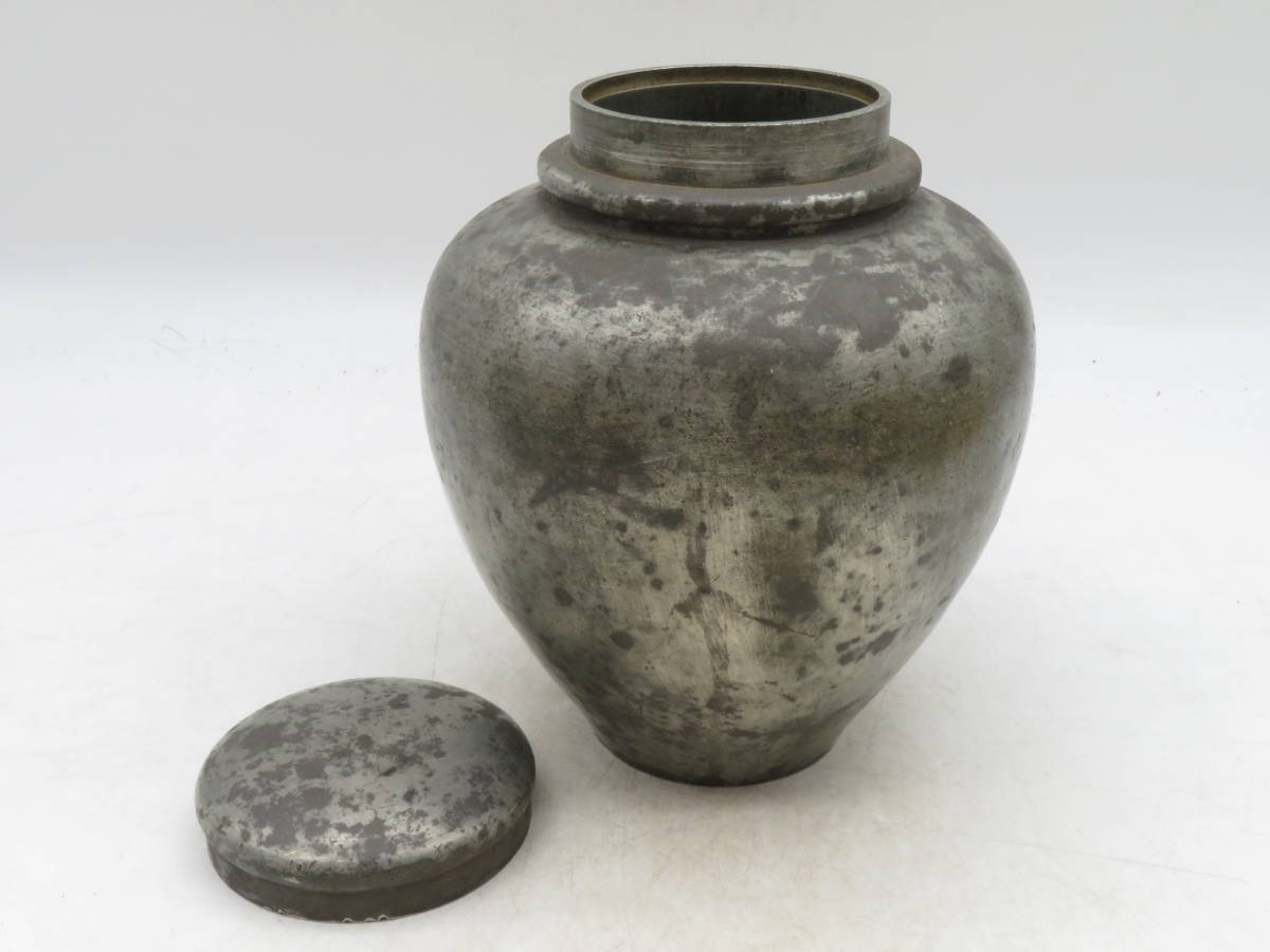 K3287 純錫製 錫斑 大振り 茶入れ 茶心壺 茶壺 茶筒 高さ約20.7cm 在銘