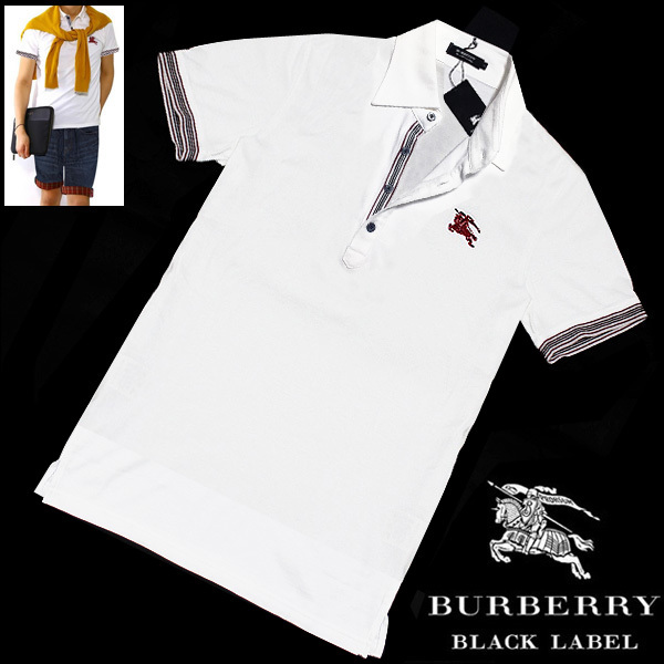  новый товар!2(M)* супер BI G Horse вышивка * Burberry Black Label гребень шлема noba полоса стрейч . рубашка-поло с коротким рукавом белый #BURBERRY BLACK LABEL
