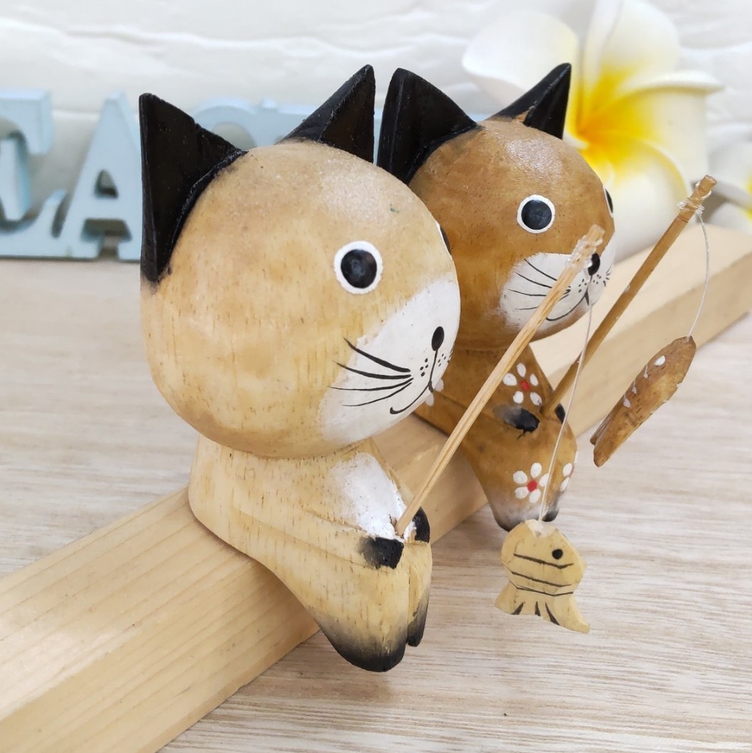No.73 釣り木彫り猫 2種類 木彫り猫 アジアン雑貨 バリ猫 通販