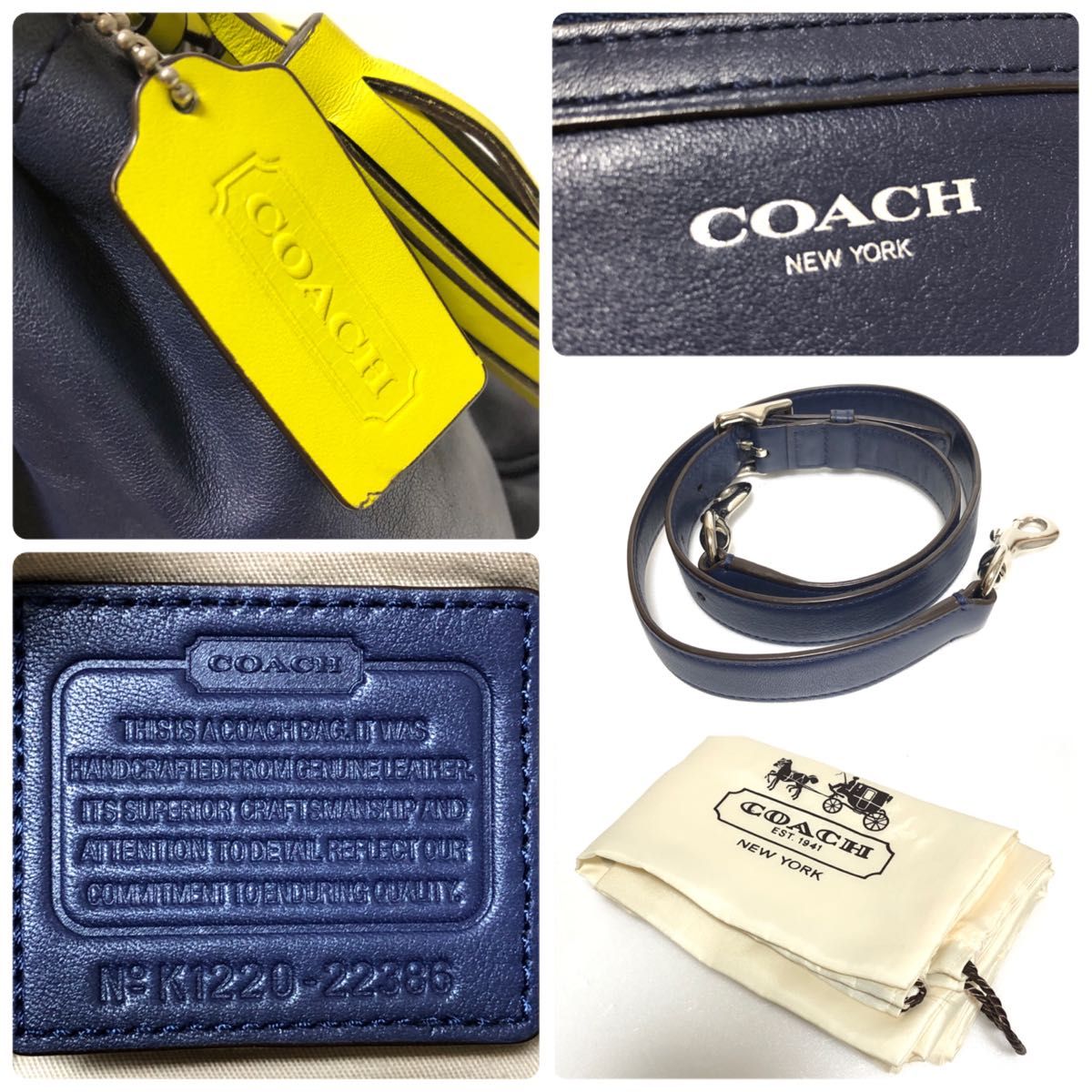 コーチ coach 2wayバッグ ハンドバッグ×ショルダーバッグ レザー ネイビー×ネオンイエロー 22386