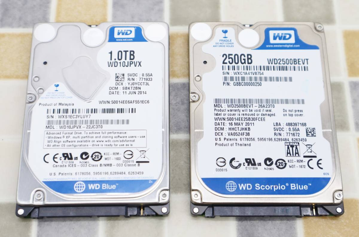 ∠1TB 250GB 2枚まとめ| 2.5インチ 内蔵ハードディスク|Western
