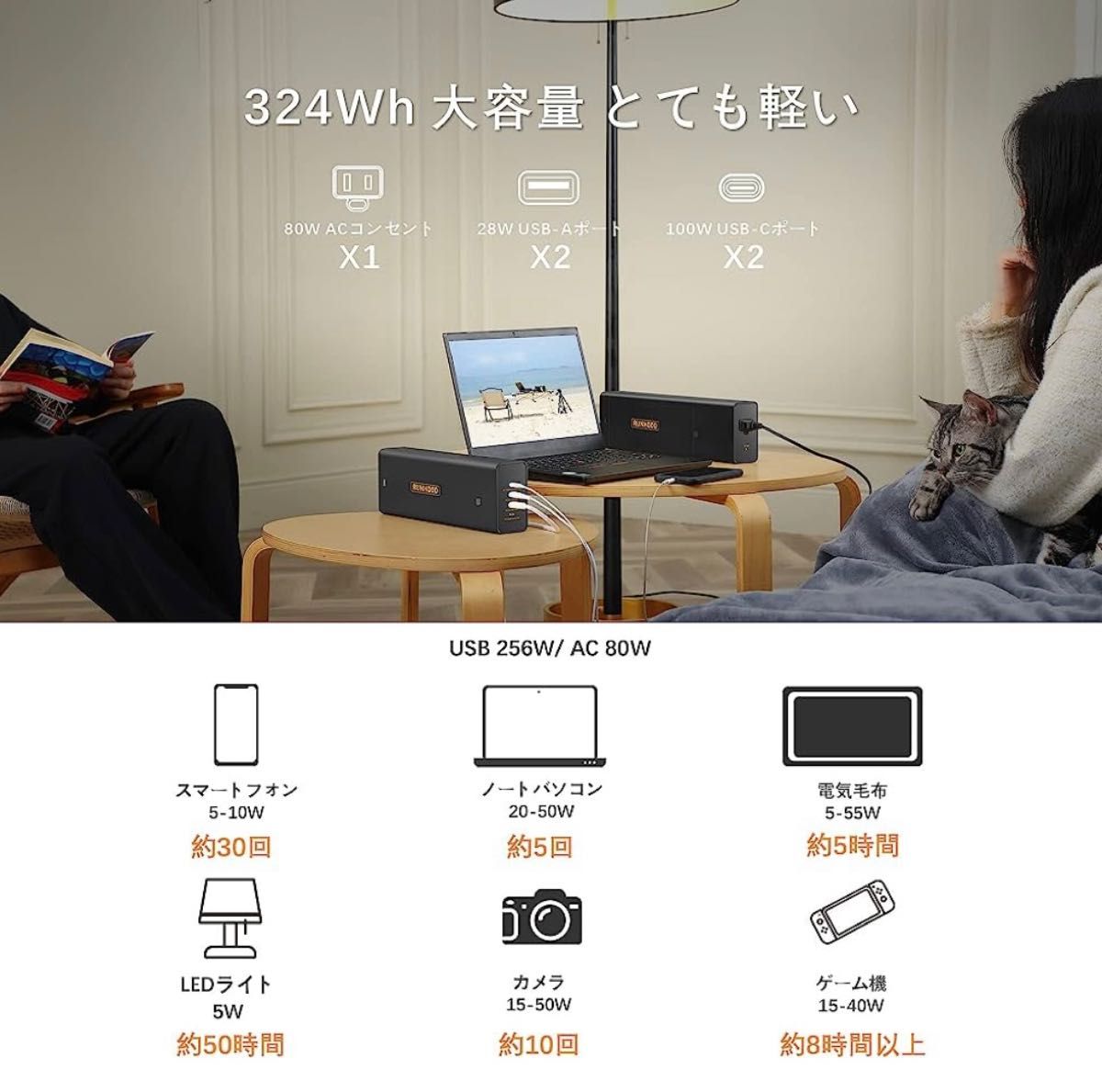 バッテリー交換式 ポータブル電源 60Hz 324Wh/USB出力256W/AC出力80W 軽量化 高持久力 蓄電池 非常用電源