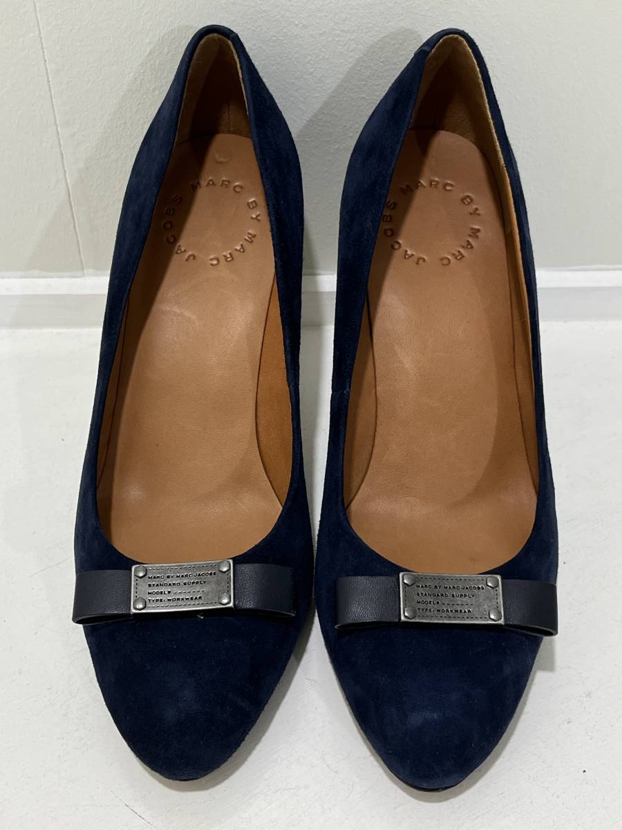 size:36【MARC by MARC JACOBS】マークジェイコブス スエードレザー ヒール パンプス リボンデザイン 紺色 ネイビー