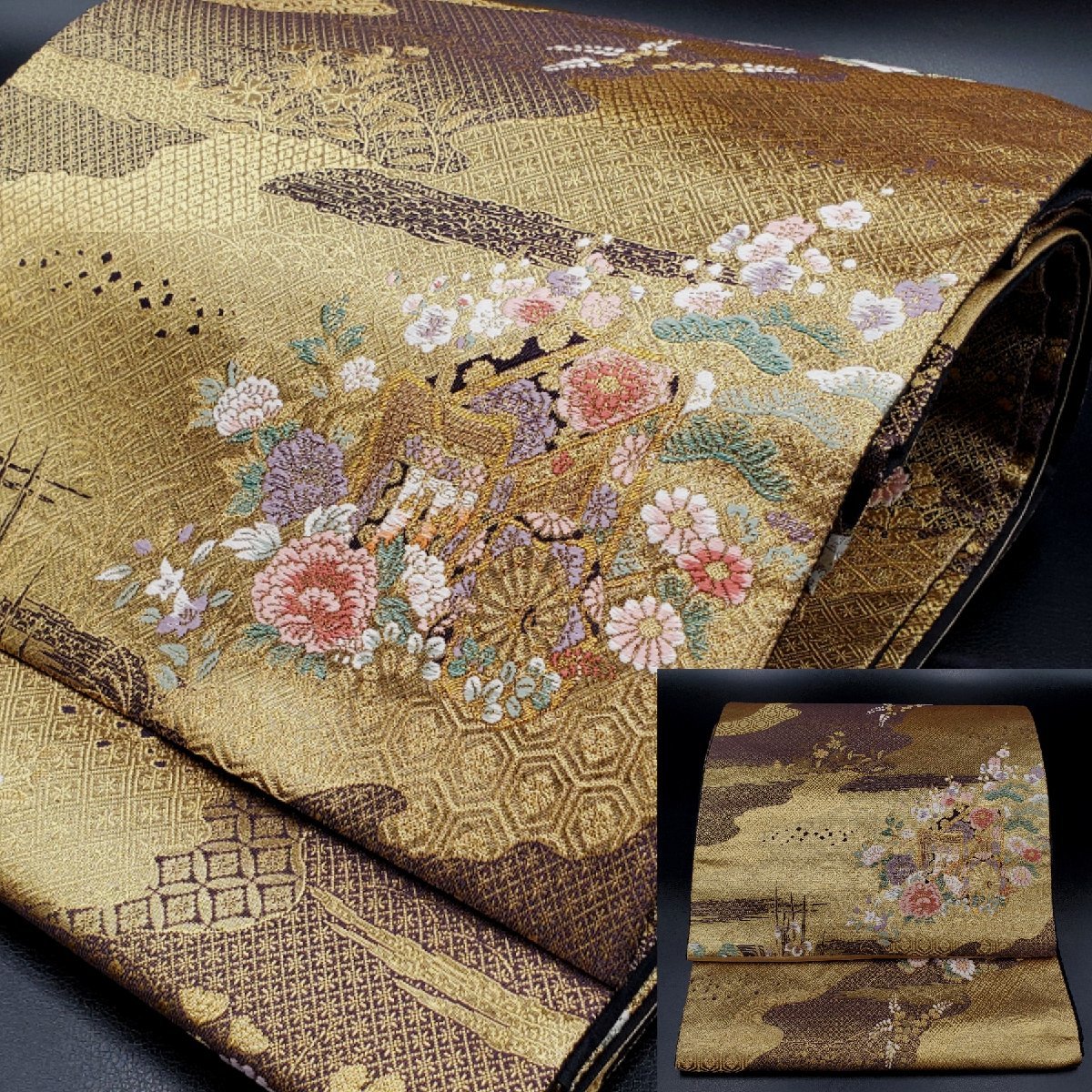ついに再販開始!】 【宝蔵】和装 正絹 金糸 4m24cm 草花 御所車 袋帯