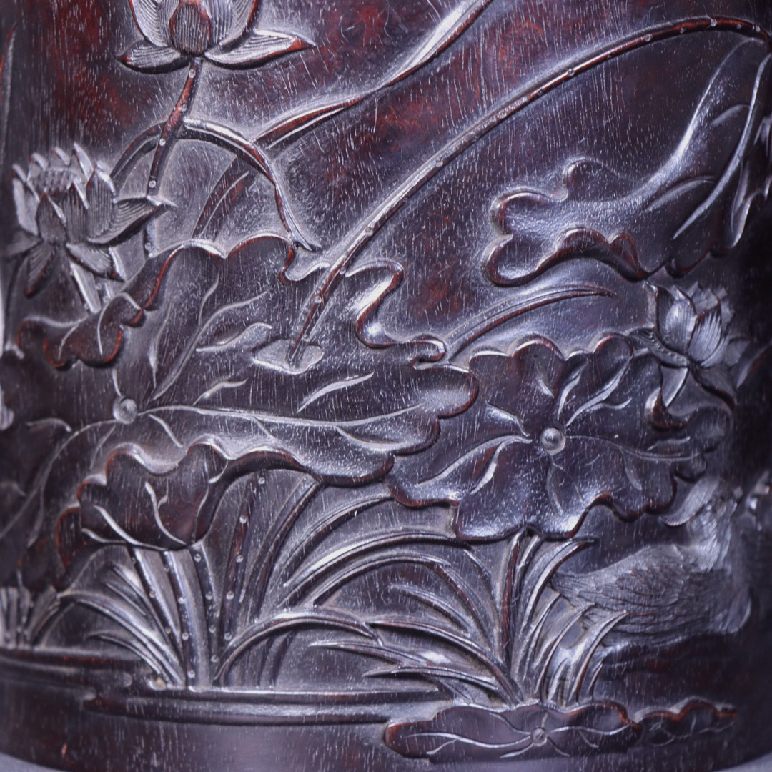 ▽鴻▽清朝時代 珍木紫檀木彫 和合鴛鴦紋文房筆筒 時代物 中国古美術 骨董品