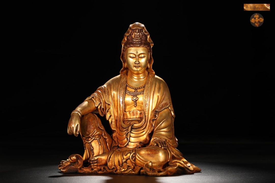 ▽鴻▽仏教古美術 明朝時代 古銅塗金彫 自在観音仏像 永楽年施款 廃寺 