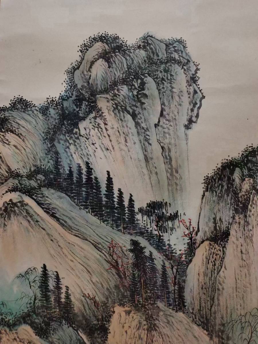 ▽鴻▽古書道【近時代・啓功筆・山水図】 真筆肉筆 紙本 骨董書画