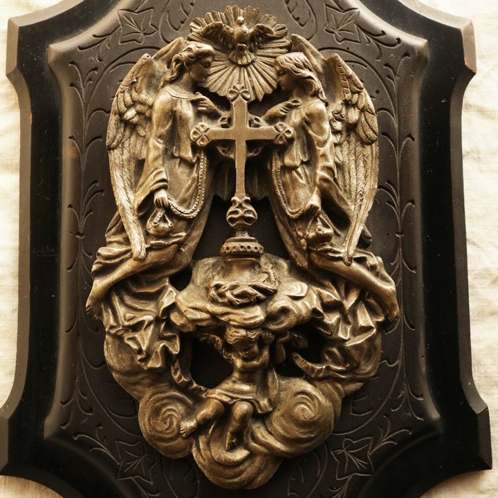 300】美しい 天使 聖水盤 フランス アンティーク 19世紀 壁飾り 黒木