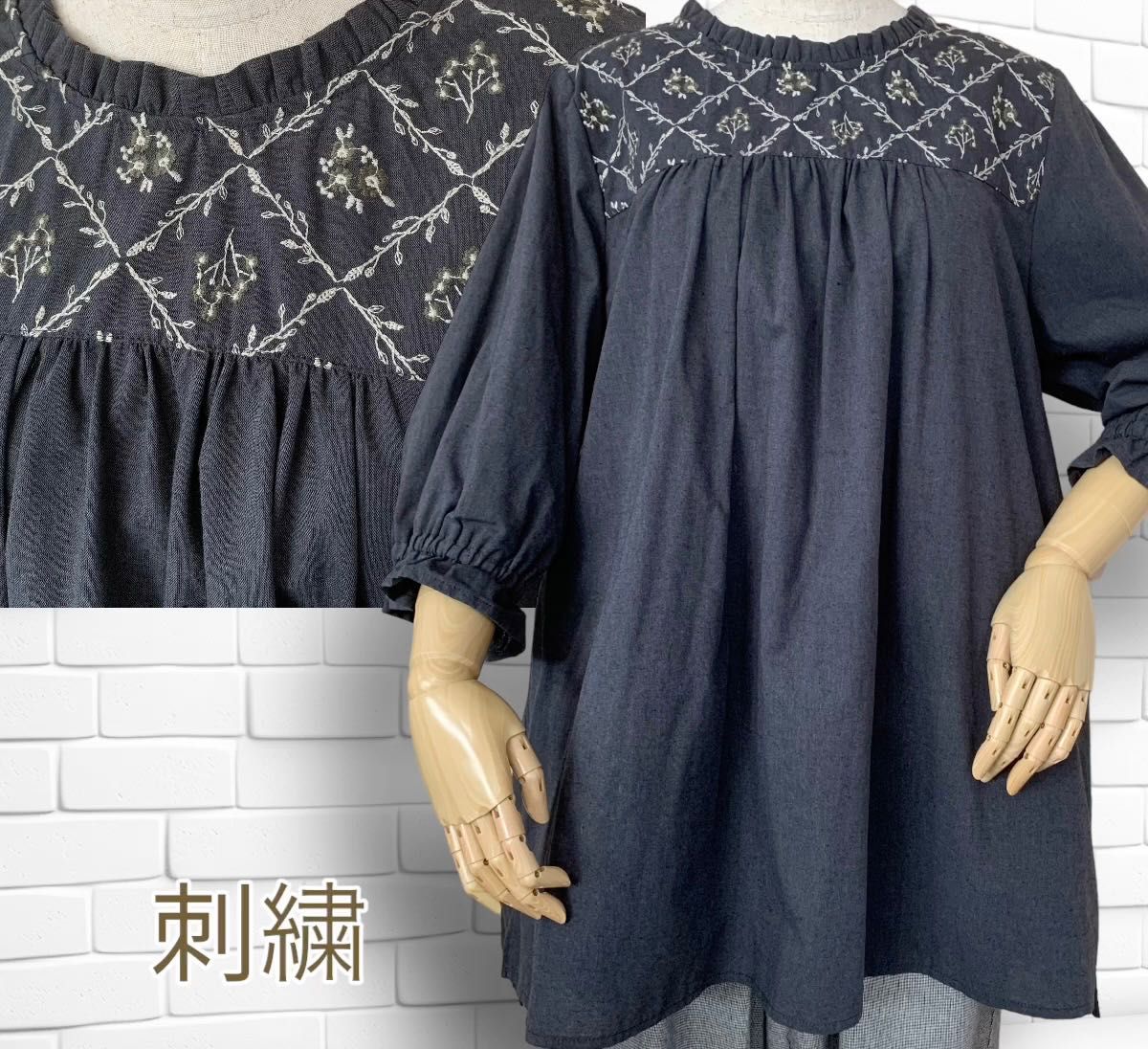 刺繍 襟ギャザー キャンディ袖 前後差有り チュニック ワンピース ゆったりサイズ ダークグレー|PayPayフリマ 超美品!RNA アールエヌエー白綿麻ピンタック前後差OP M