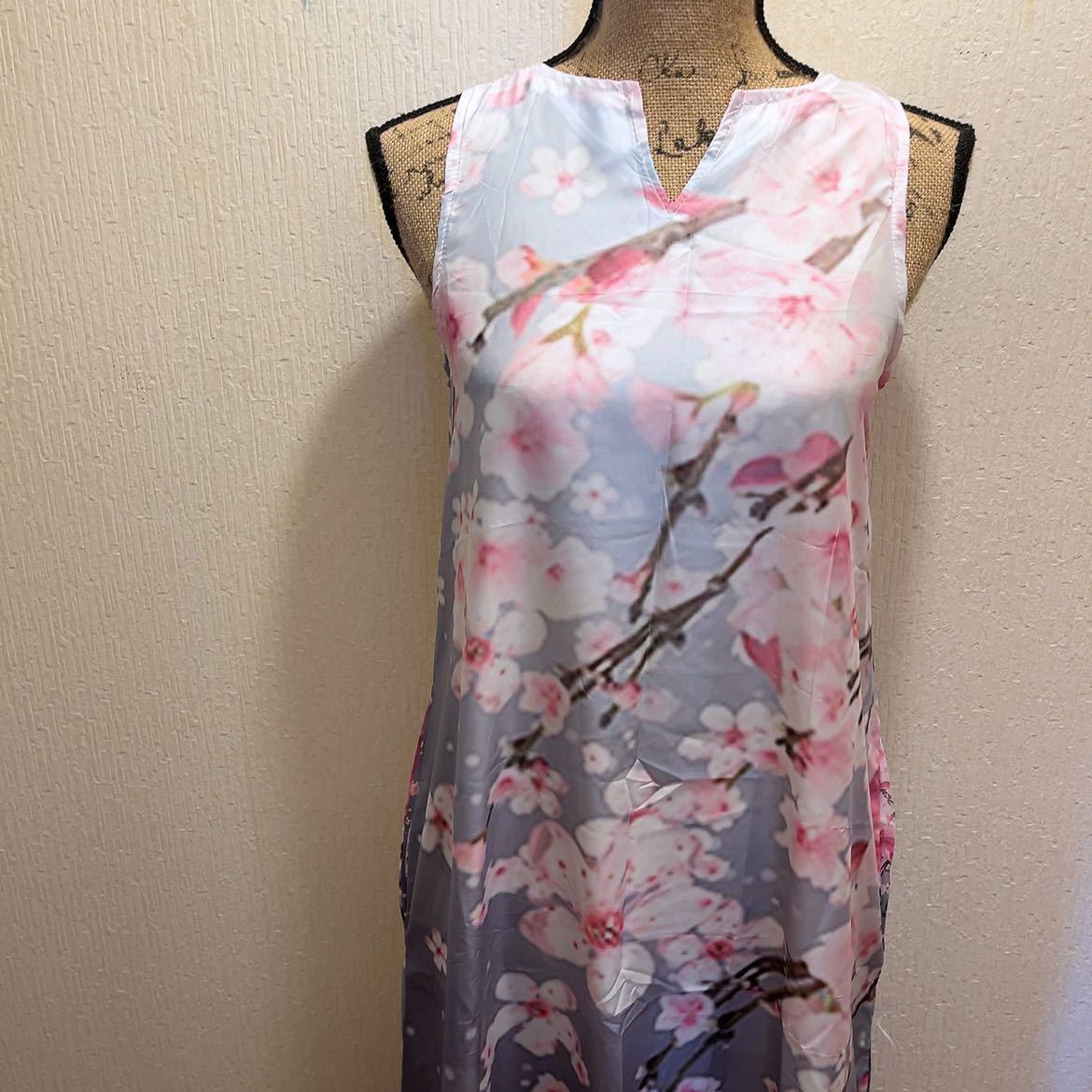 新品 パープル地 桜柄 和風 着物風 ロングワンピース M花柄