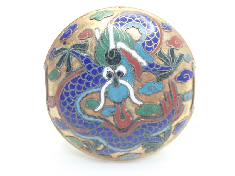 B488 帯留め 七宝 龍図/鳳凰図 丸型 紐通し レトロ/和装小物/着物 Japanese Kimono Jewelryの画像1