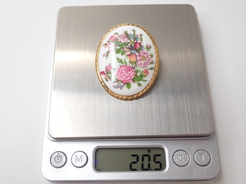 L132　ヴィンテージ ブローチ　陶器　白地に花絵　楕円型　アクセサリー　Vintage　brooch_画像8