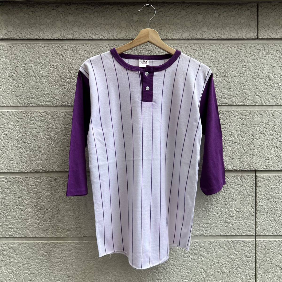80s USA製 ベースボールTシャツ ストライプ柄 紫 パープル Bantam 5分袖 7分袖 シングルステッチアメリカ製 古着 vintage ヴィンテージ ⑥の画像1