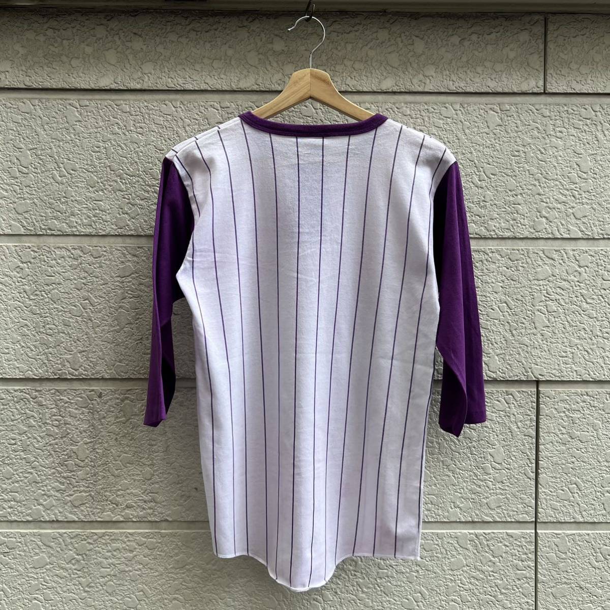 80s USA製 ベースボールTシャツ ストライプ柄 紫 パープル Bantam 5分袖 7分袖 シングルステッチアメリカ製 古着 vintage ヴィンテージ ⑥の画像2