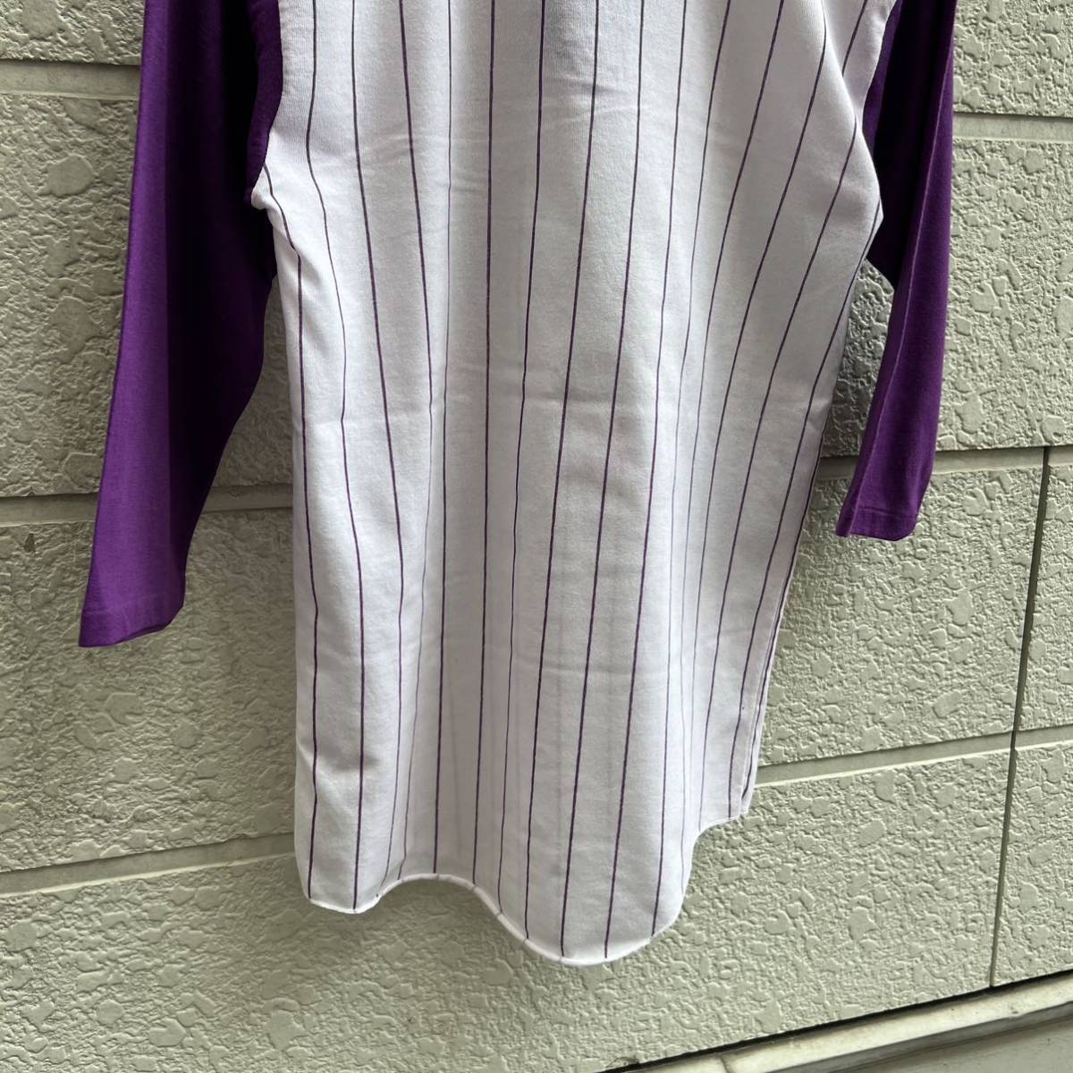 80s USA製 ベースボールTシャツ ストライプ柄 紫 パープル Bantam 5分袖 7分袖 シングルステッチアメリカ製 古着 vintage ヴィンテージ ⑧_画像6