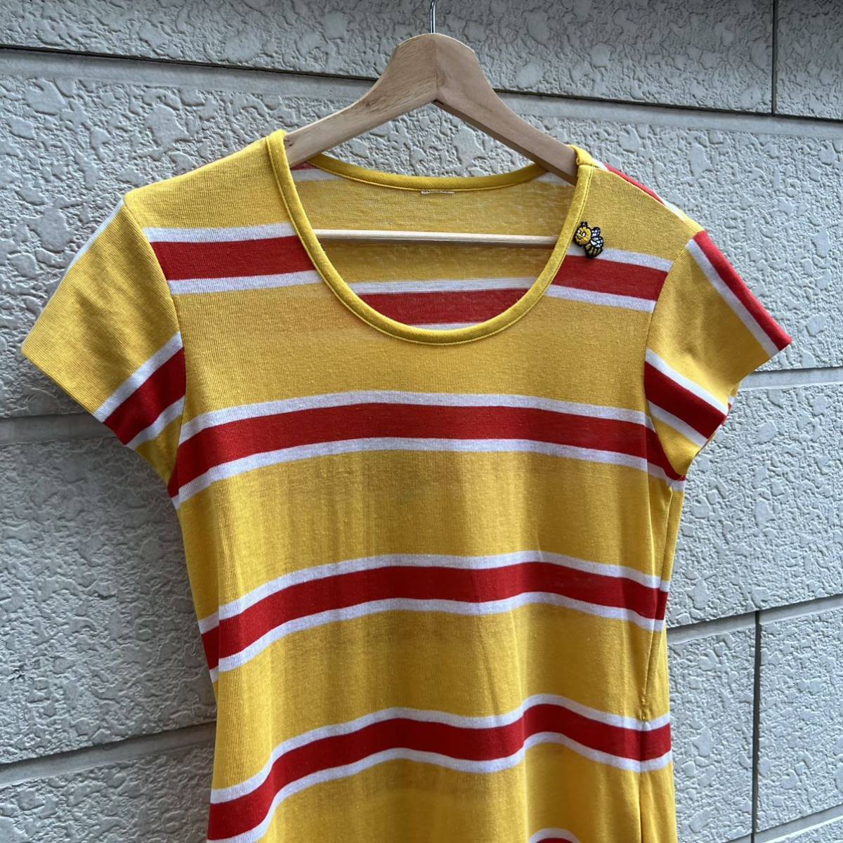 70s 80s USA古着 ボーダー柄 カットソーワンピース ボーダーワンピース Tシャツ アメリカ古着 vintage ヴィンテージ 黄色 イエロー_画像4