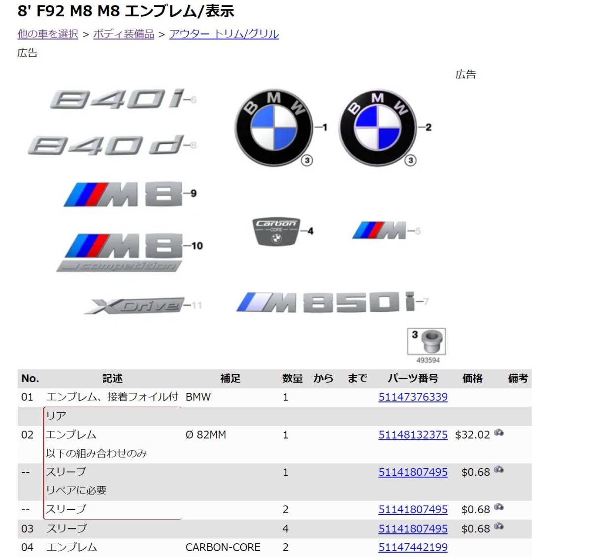 BMW ETK parts list Japanese correspondence E24 E23 E32 E31 M1 E26 2.5CS 3.0CSL z