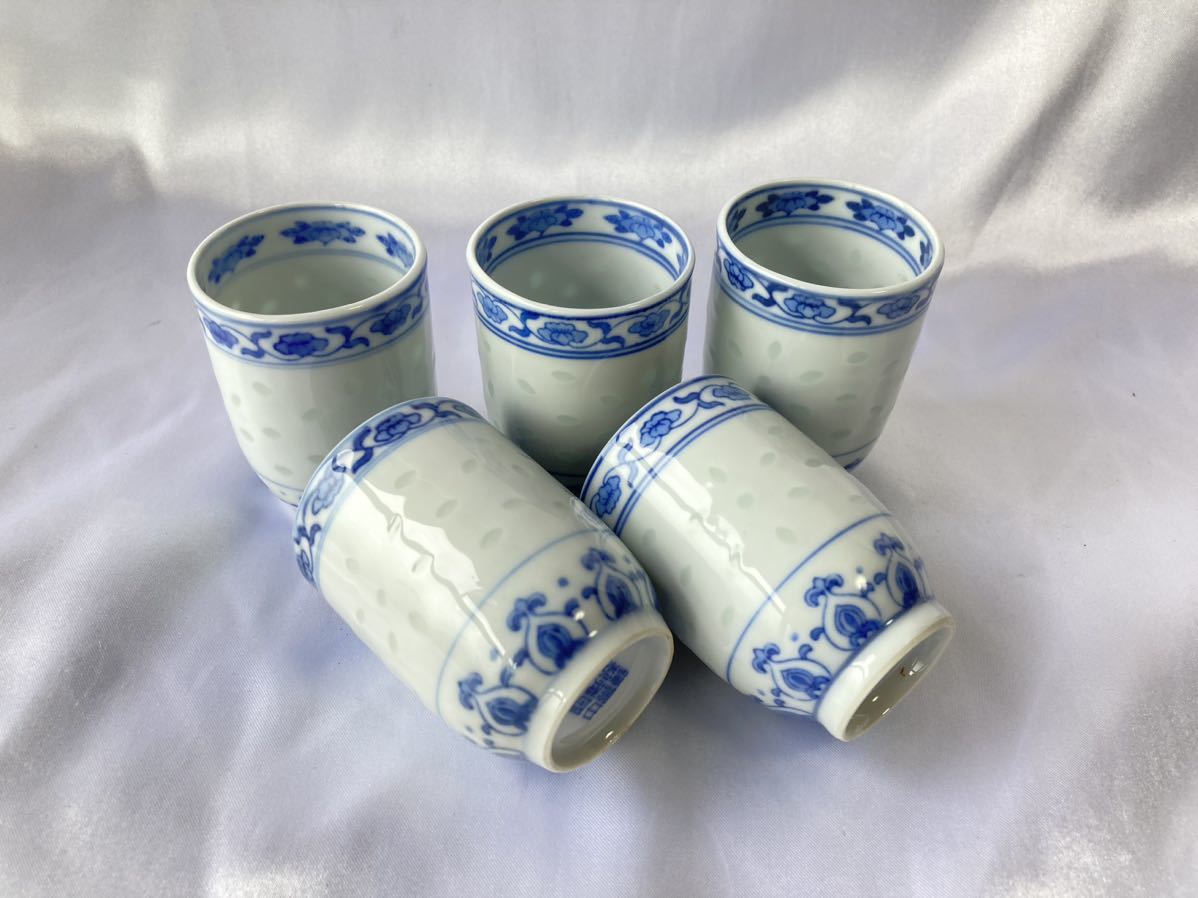 景徳鎮 中国美術 染付蛍手煎茶碗5客 蛍焼 煎茶道具 玩玉 蛍手 染付