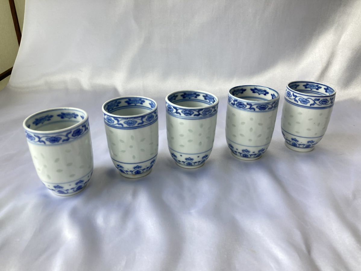 景徳鎮 中国美術 染付蛍手煎茶碗5客 蛍焼 煎茶道具 玩玉 蛍手 染付