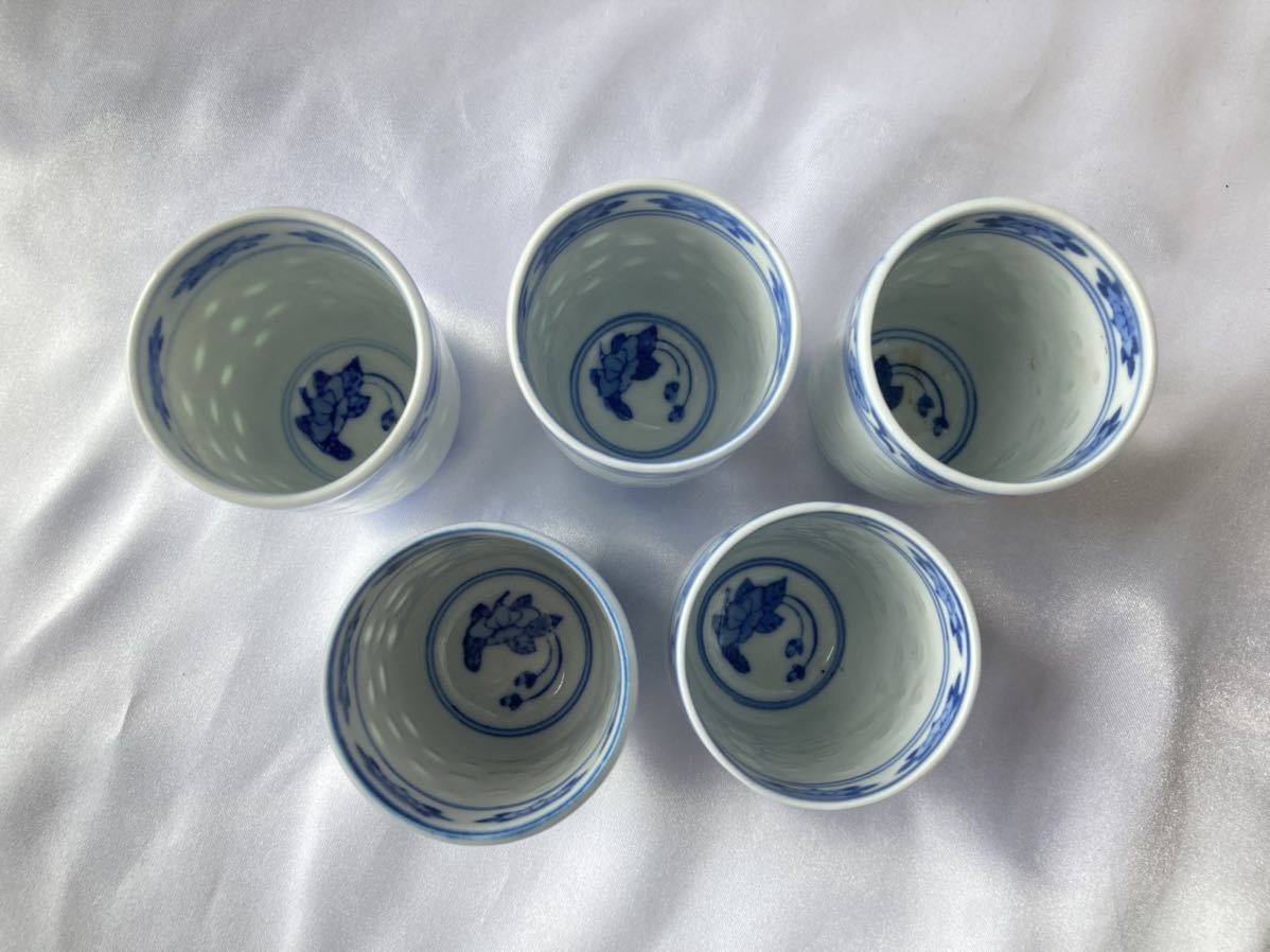 景徳鎮 中国美術 染付蛍手煎茶碗5客 蛍焼 煎茶道具 玩玉 蛍手 染付