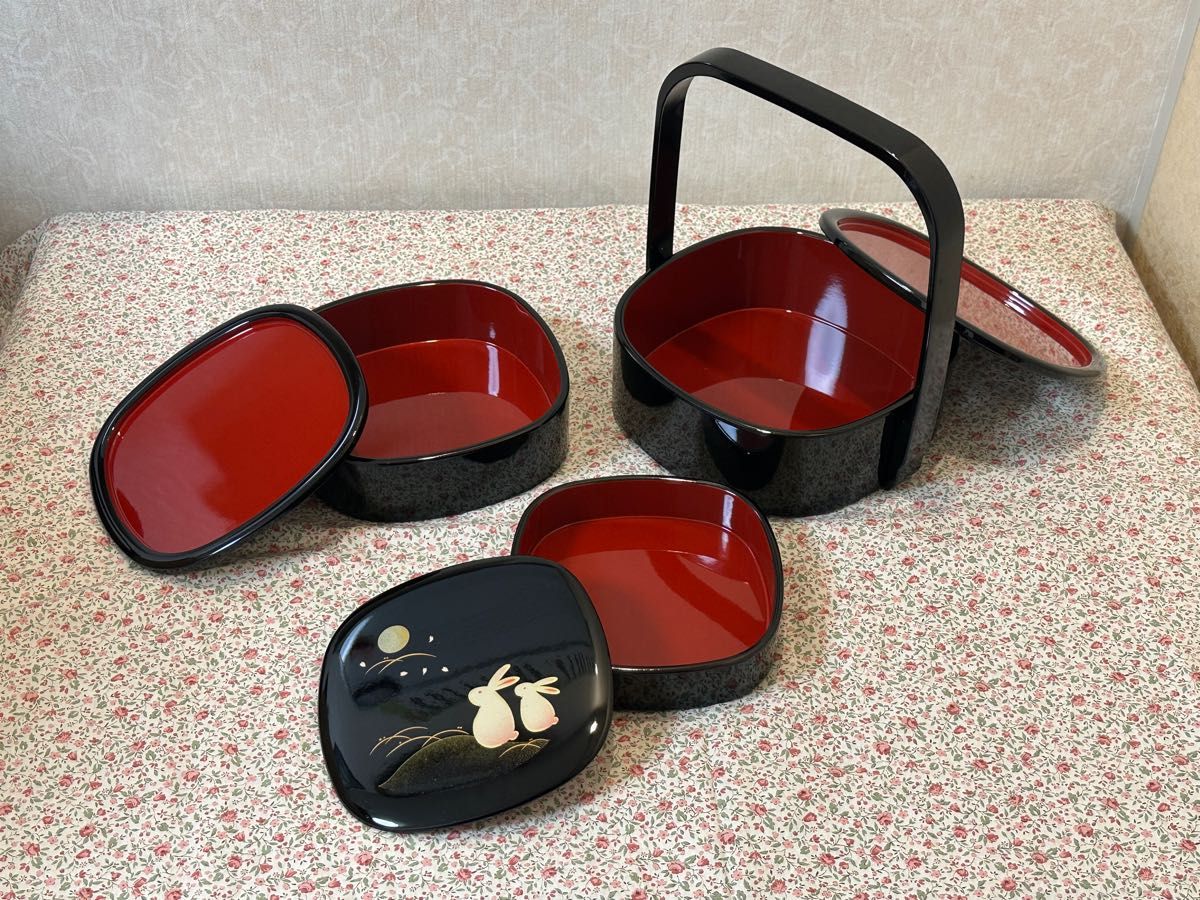 山中塗 手提げ重 遠山うさぎ 合成漆器 三段 三段重 手堤