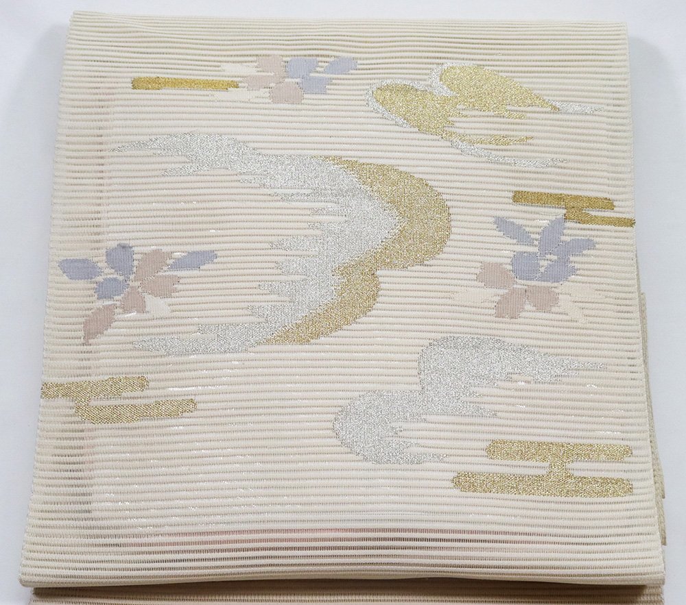 絽綴れ 名古屋帯 正絹 ベージュ 金箔 銀箔 花 流水 N2505 美品 Mサイズ 夏帯 レディース シルク 6月7月8月9月シーズン 送料無料_画像3