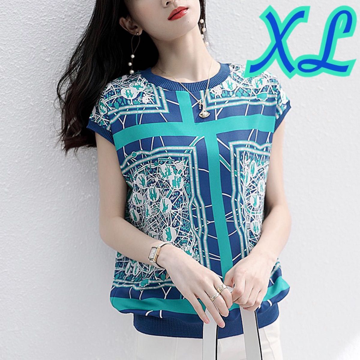 半袖 カットソー Ｔシャツ 夏 韓国 レディース  XL ブルー 体型カバー