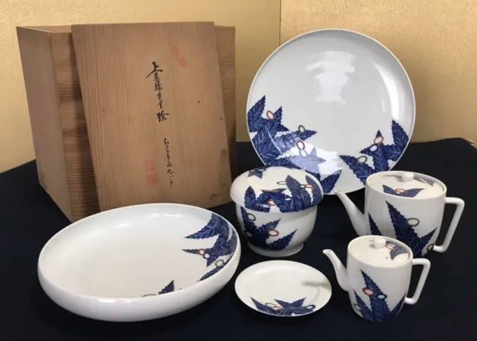 限定価格セール！】 《R》源右衛門窯 染錦芭蕉絵 ティーセット6種 共箱