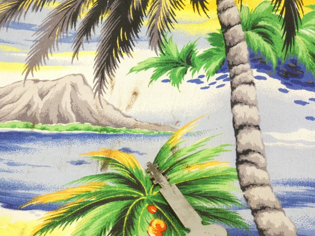 50s ビンテージ Hale Hawaii WAIKIKI SHORE 多色刷り チリメン レーヨン オールオーバーパターン ハワイアン アロハ シャツ M オンブック_画像9