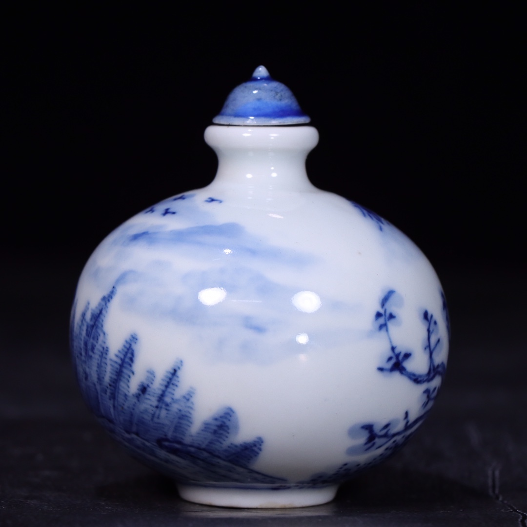 徳】旧家蔵出『清 青花山水紋鼻煙壺 乾隆年製款 染付 共箱』陶芸 中国