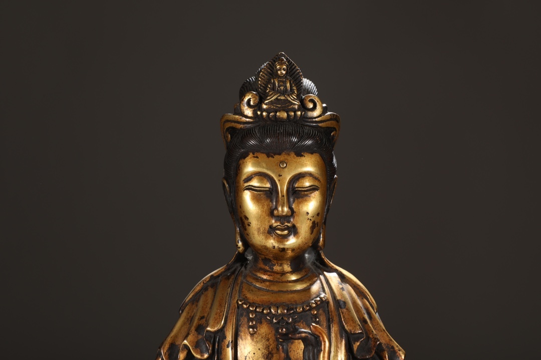 徳】旧家蔵出『仏教古美術 明 古銅塗金製造 大勢至菩薩坐像 永楽年施款