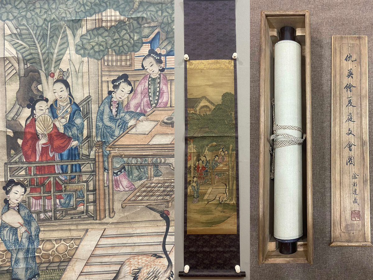 徳】旧家蔵出 中国書画 『明 仇英 夏庭文會図 時代木箱付き 紙本 肉筆