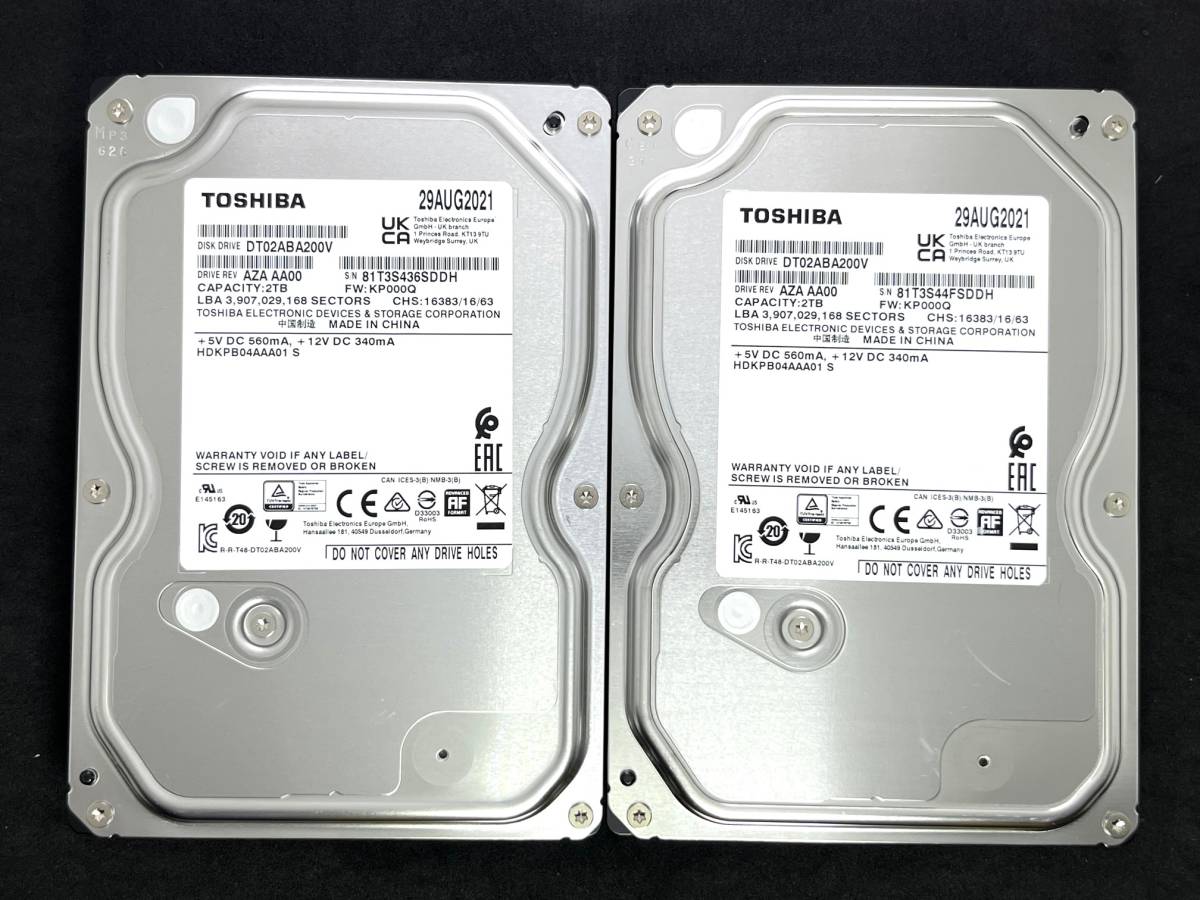 【送料無料】 2個セット ★ 2TB ★　DT02ABA200V　/　TOSHIBA【使用時間：5596ｈ＆3957ｈ】2021年製 良品 3.5インチ内蔵HDD AVコマンド対応_画像1