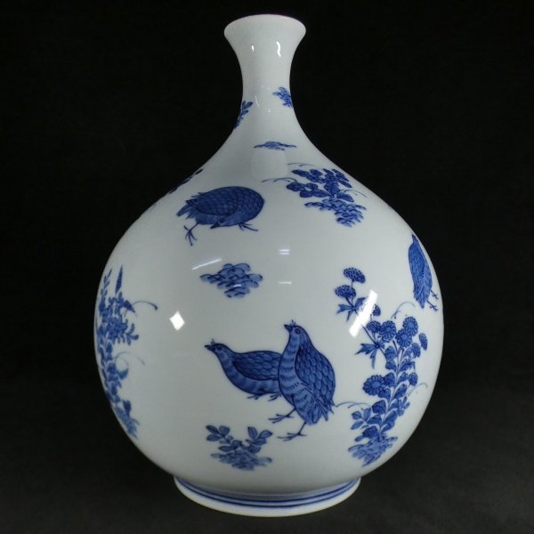 超熱 #0665】 恵 全高 鶉絵 染付 有田焼 在銘 亮秀作 (田代) 29cm 染付