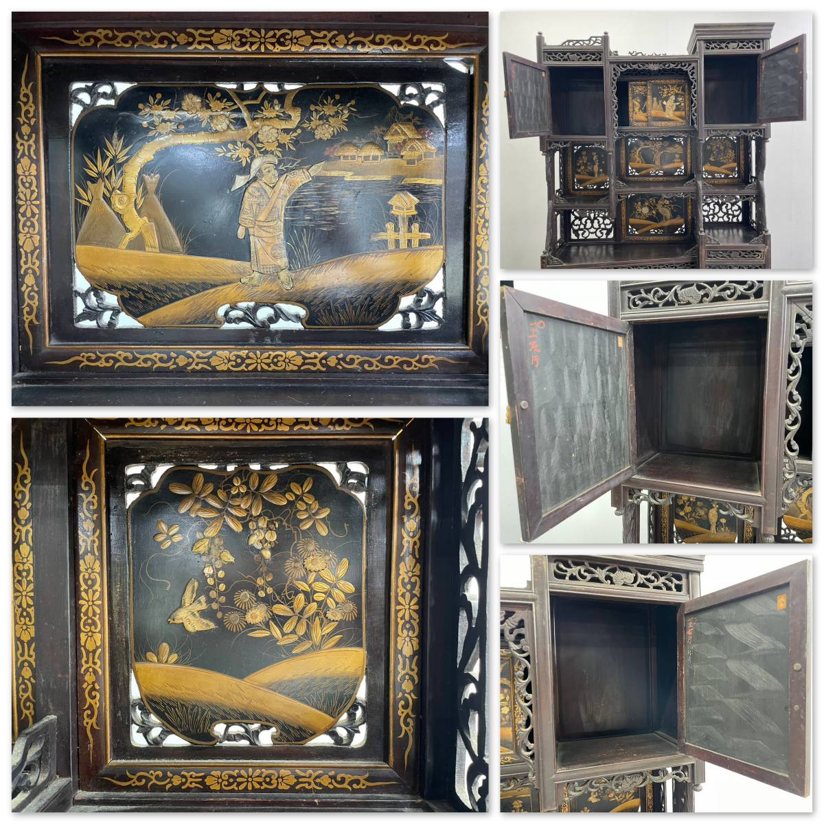 T芝山細工古美術品飾り棚違い棚中国美術時代家具花鳥